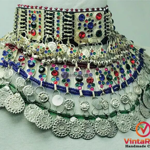 Kuchi Choker Necklace, Kuchi Tribal Multicolor Necklace, Handmade Statement Boho - Picture 6 of 9